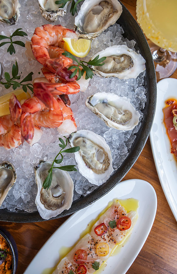 Array of raw oysters and shrimp on ice.