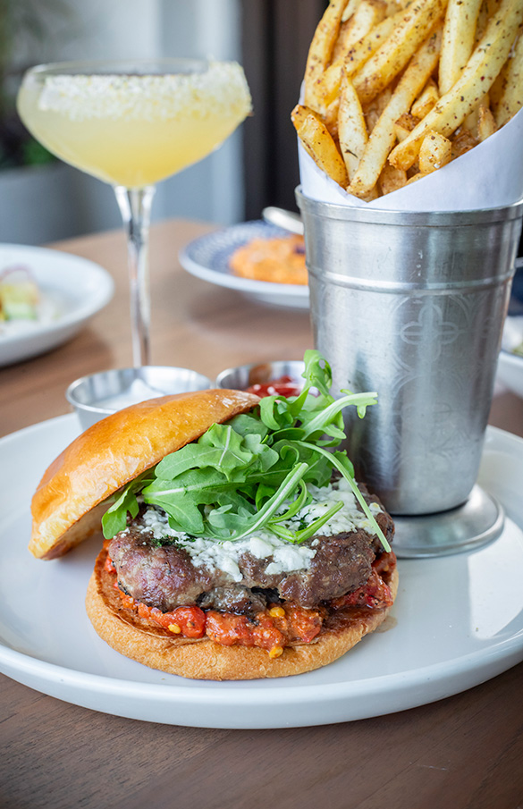 Close up of Del Mar Mediterranean's lamb burger