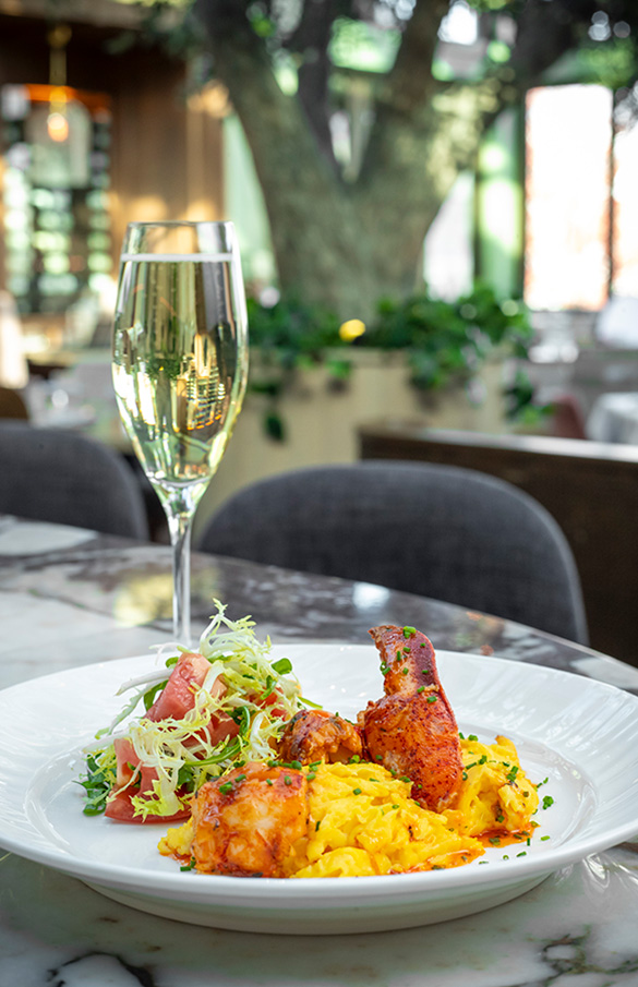 Close up of Del Mar's lobster scramble with a flute of champagne.