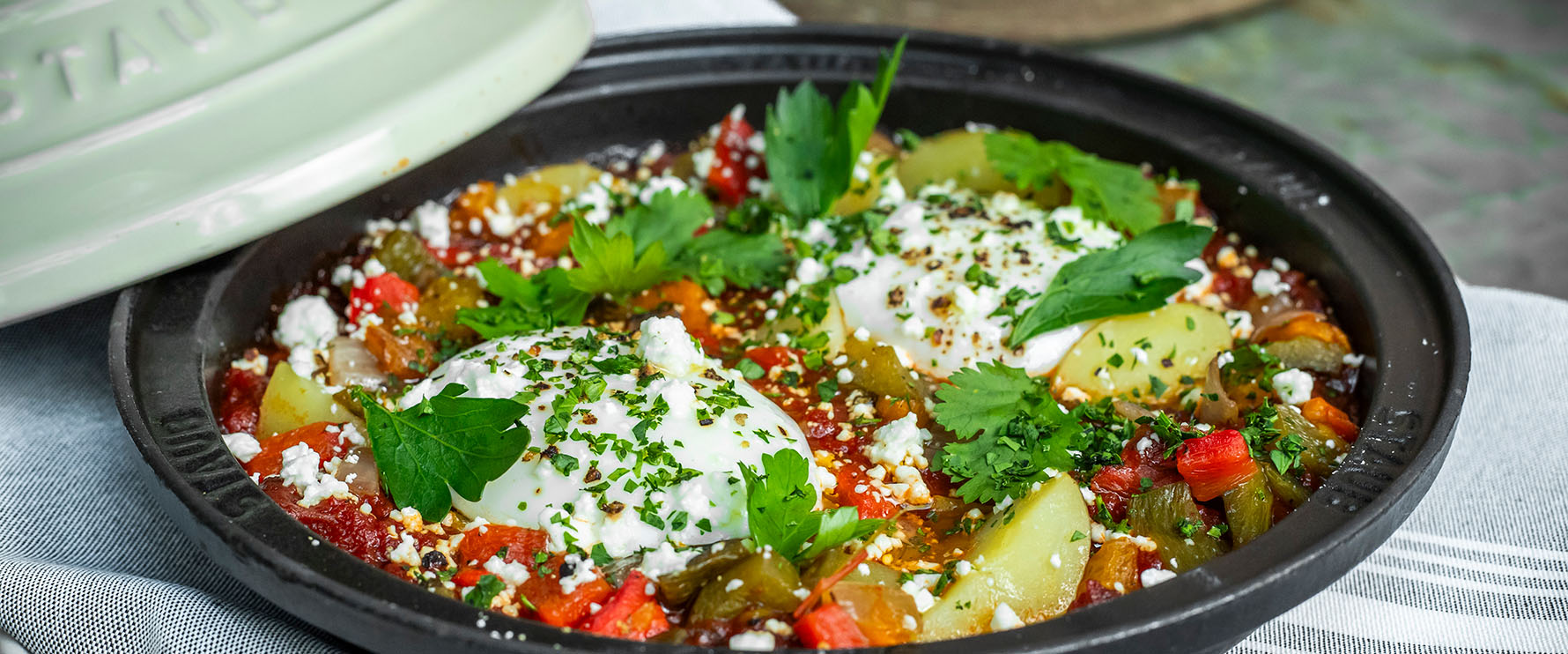 Close up of the shakshuka from Del Mar Mediterranean.