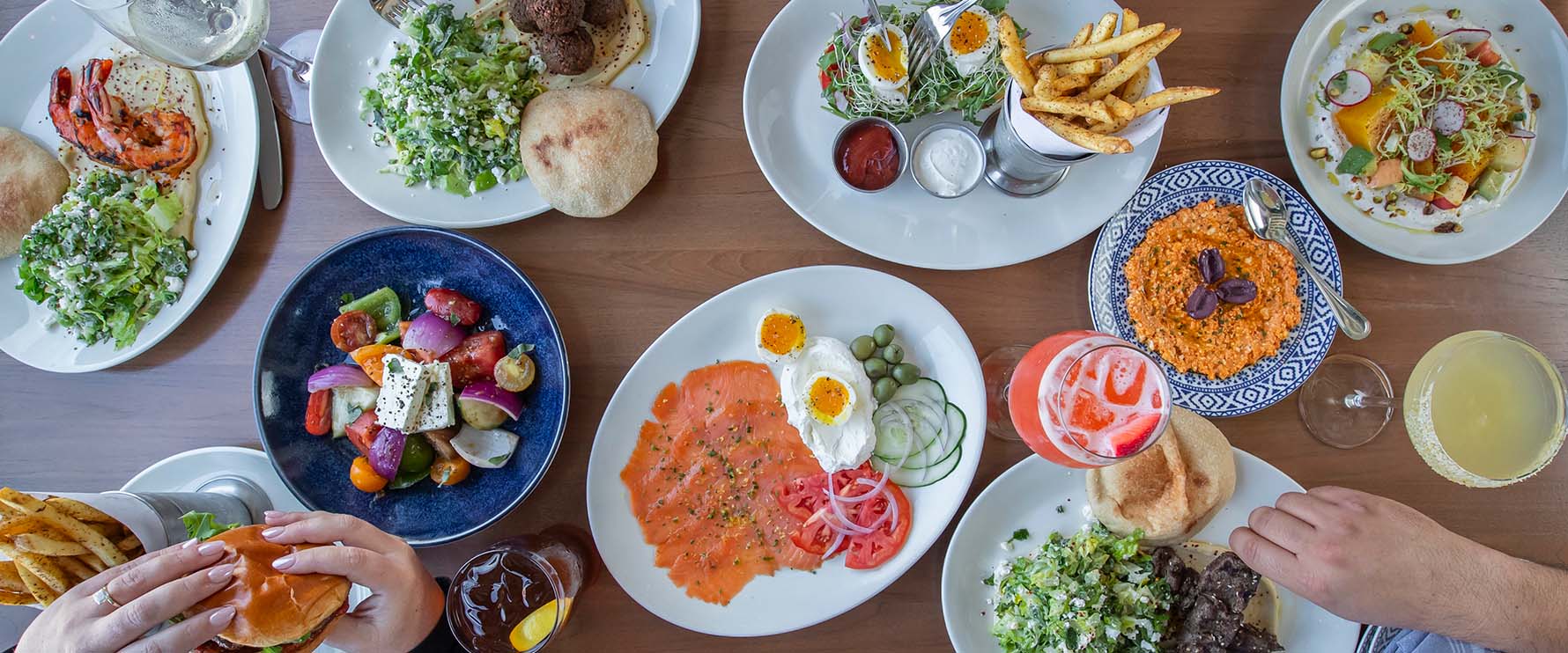 A large spread of brunch offerings from Del Mar Mediterranean.